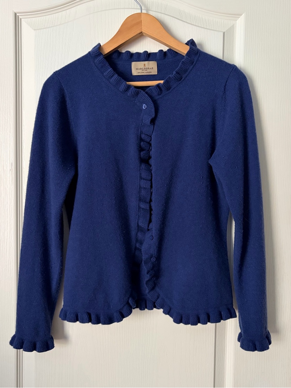 Marchbrae Navy Ruffle Trim Button Down Cashmere Cardigan Sweater, Size Medium